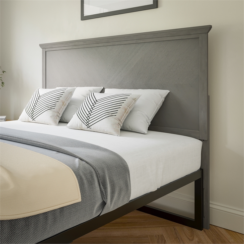 Contemporary Queen Size Herring Bone Wooden Headboard Only in Gray Wash