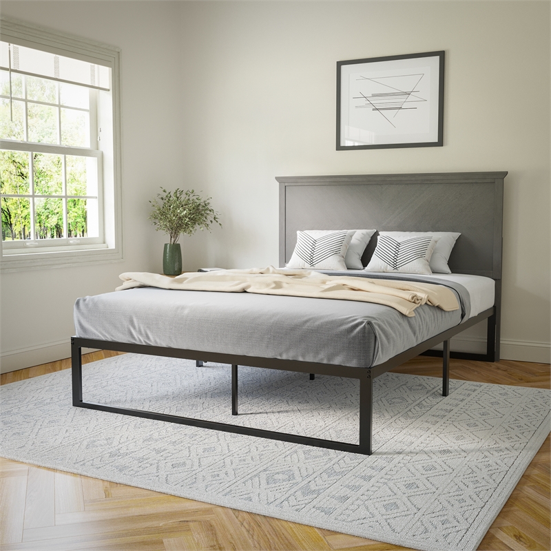 Contemporary Queen Size Herring Bone Wooden Headboard Only in Gray Wash