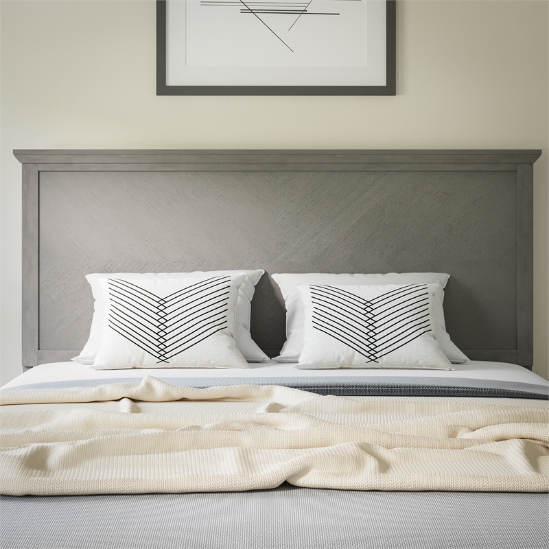 Contemporary Queen Size Herring Bone Wooden Headboard Only in Gray Wash