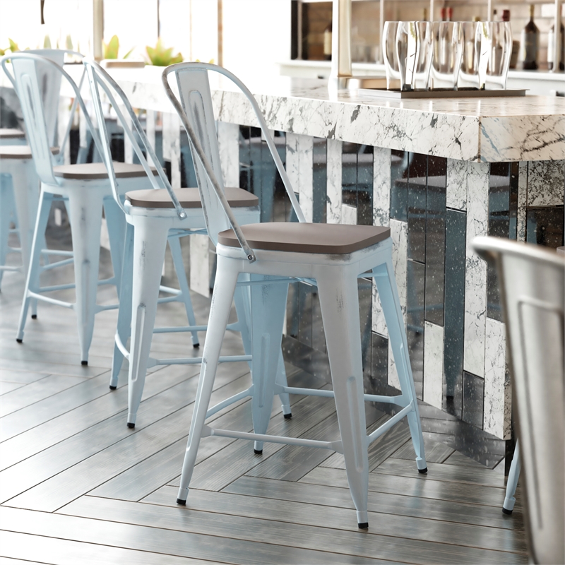 All-Weather Counter Height Stool with Poly Resin Seat - Green-Blue/Gray