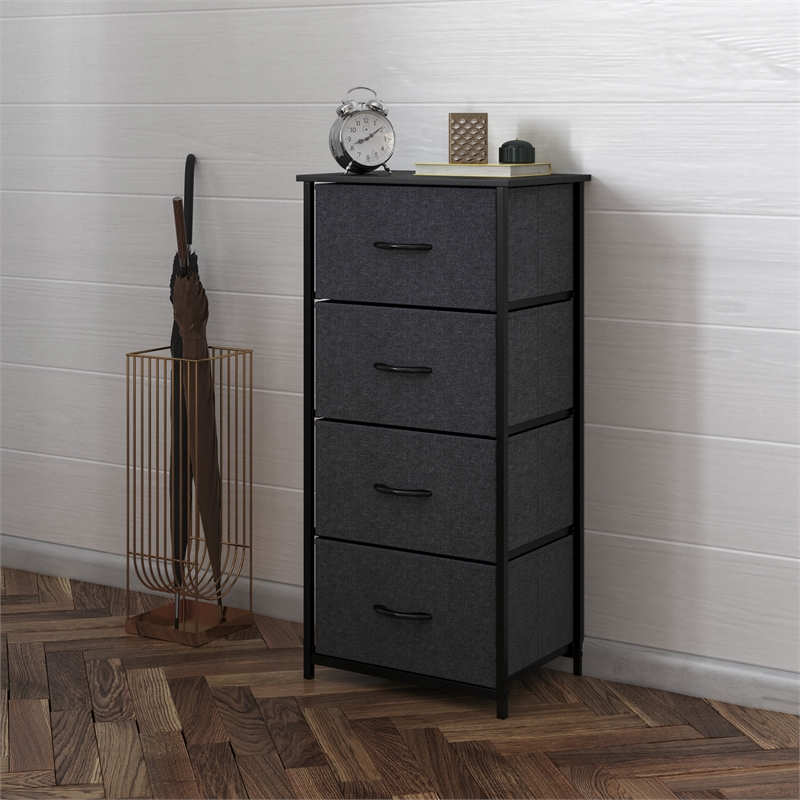4 Drawer Dresser-Black Wood Top/Black Iron Frame/Black Drawers - Black Handles