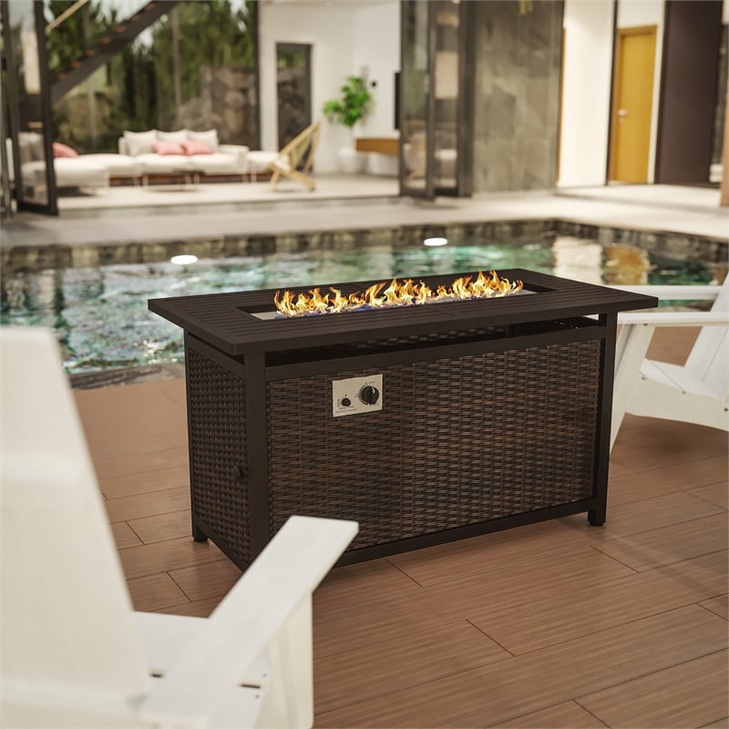 Outdoor 50 000 BTU Fire Table with Steel Top and Wicker Base-Black/Espresso