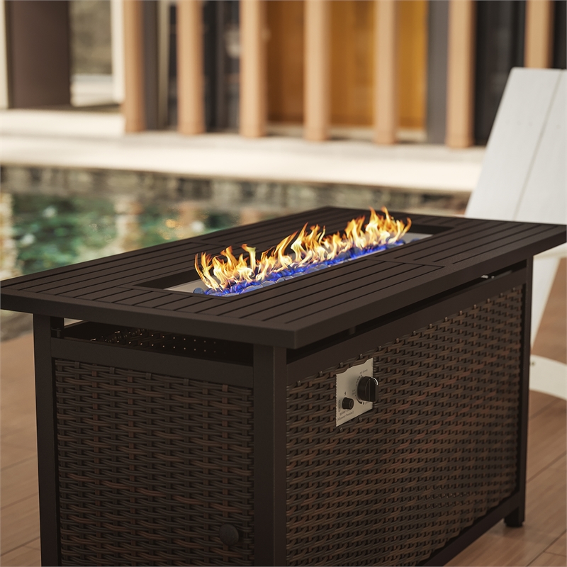 Outdoor 50 000 BTU Fire Table with Steel Top and Wicker Base-Black/Espresso