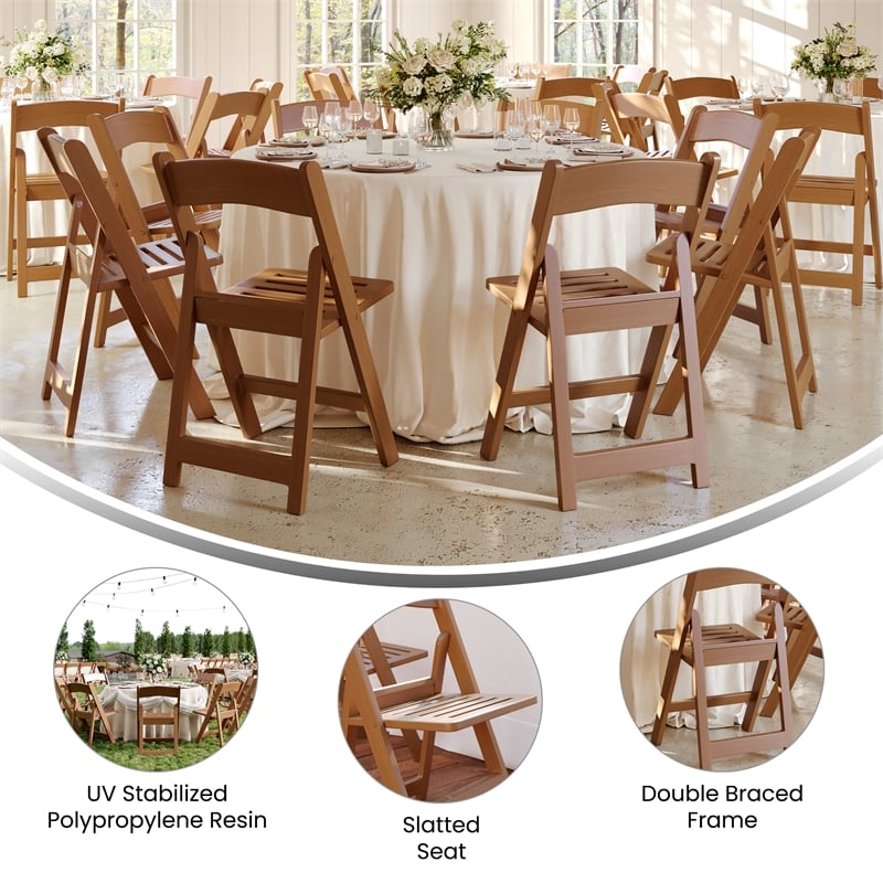 Indoor/Outdoor Lightweight Wood Look Resin Folding Event Chair in Chestnut