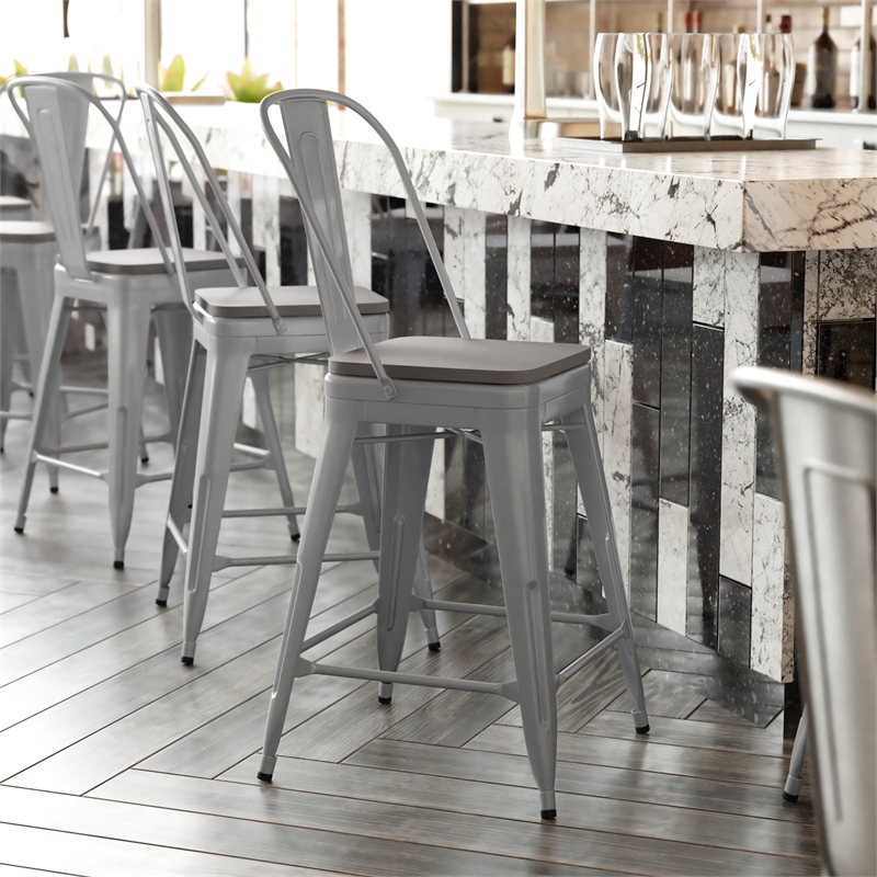 All-Weather Commercial Counter Stool with Removable Back/Poly Seat-Silver/Gray