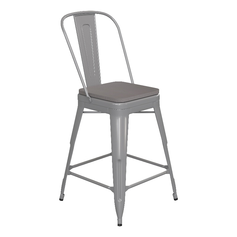 All-Weather Commercial Counter Stool with Removable Back/Poly Seat-Silver/Gray