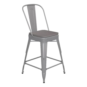 All-Weather Commercial Counter Stool with Removable Back/Poly Seat-Silver/Gray