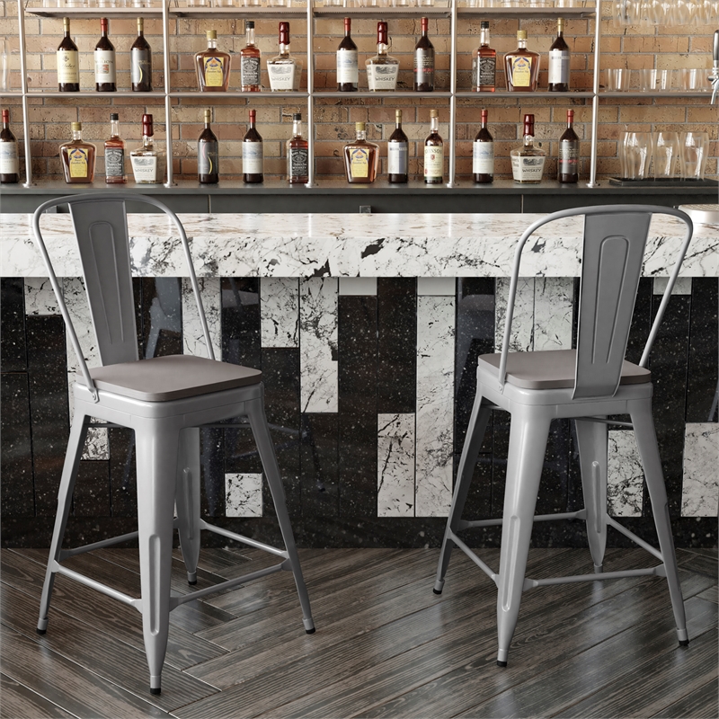All-Weather Commercial Counter Stool with Removable Back/Poly Seat-Silver/Gray