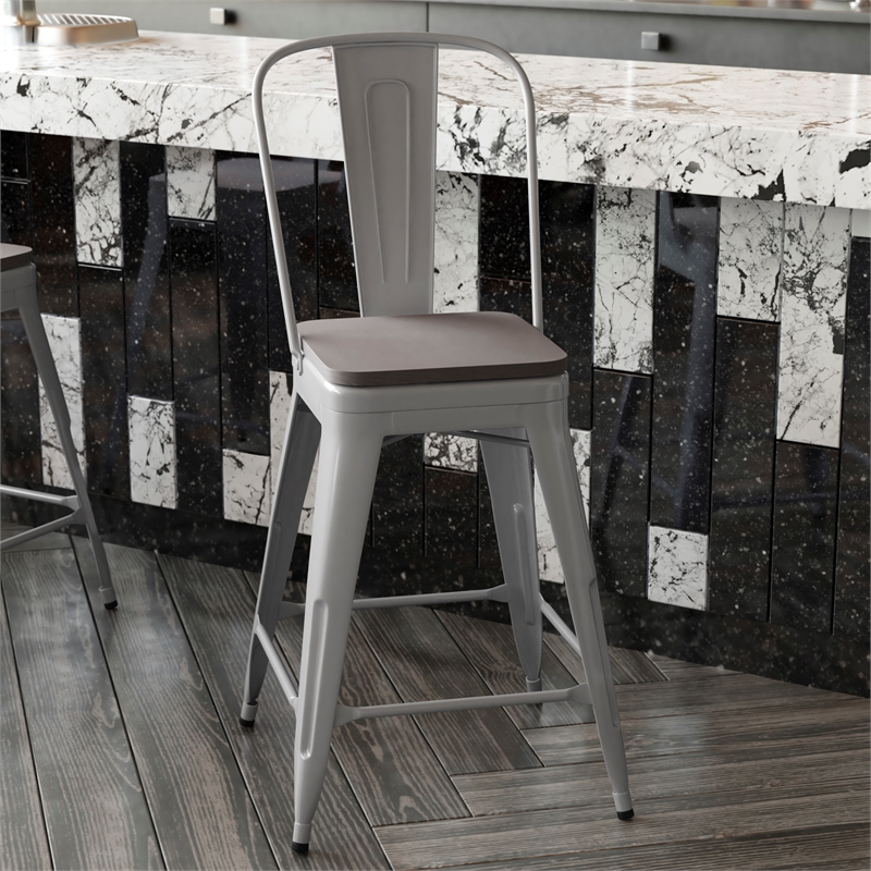 All-Weather Commercial Counter Stool with Removable Back/Poly Seat-Silver/Gray