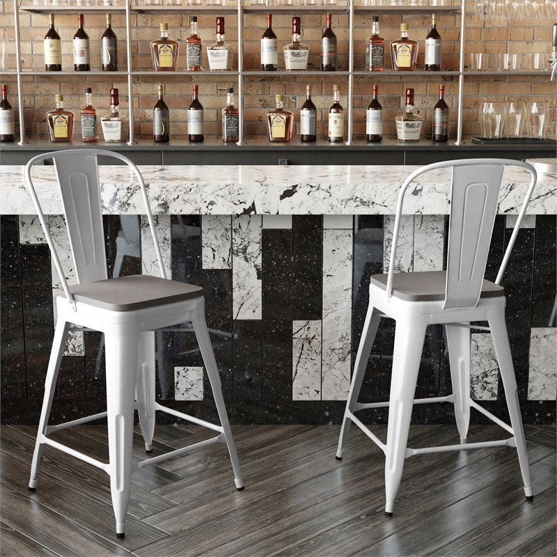 All-Weather Commercial Counter Stool with Removable Back/Poly Seat-White/Gray
