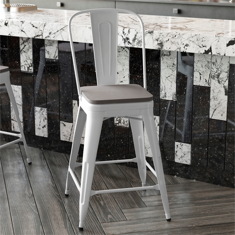 All-Weather Commercial Counter Stool with Removable Back/Poly Seat-White/Gray