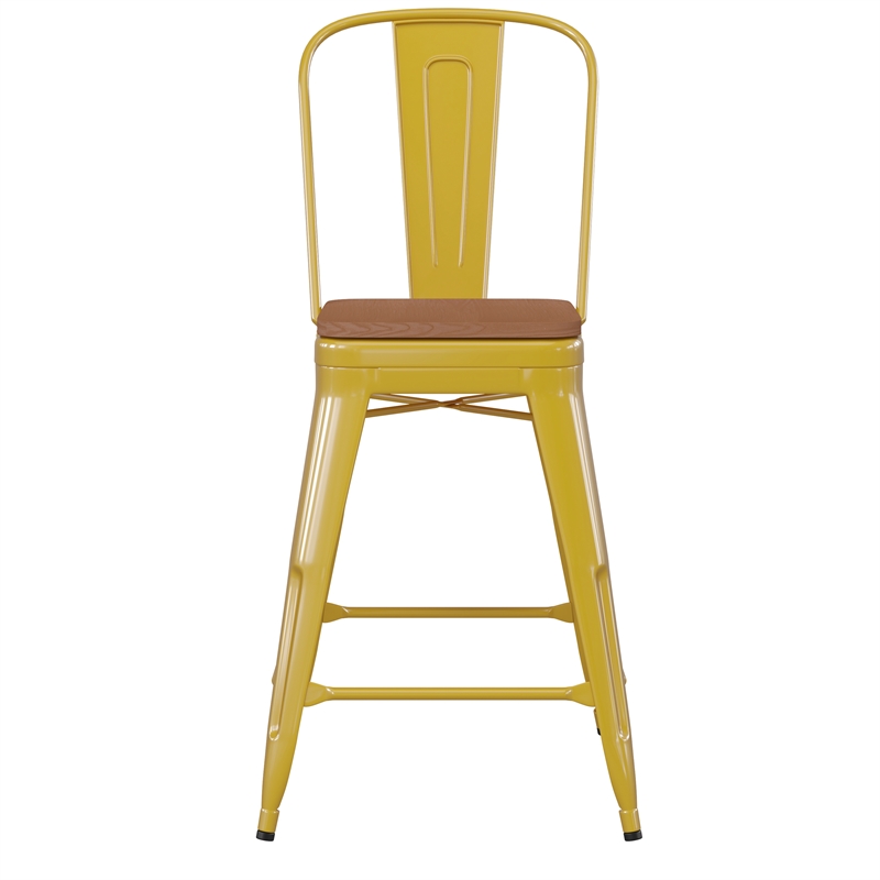 All-Weather Commercial Counter Stool with Removable Back/Poly Seat-Yellow/Teak