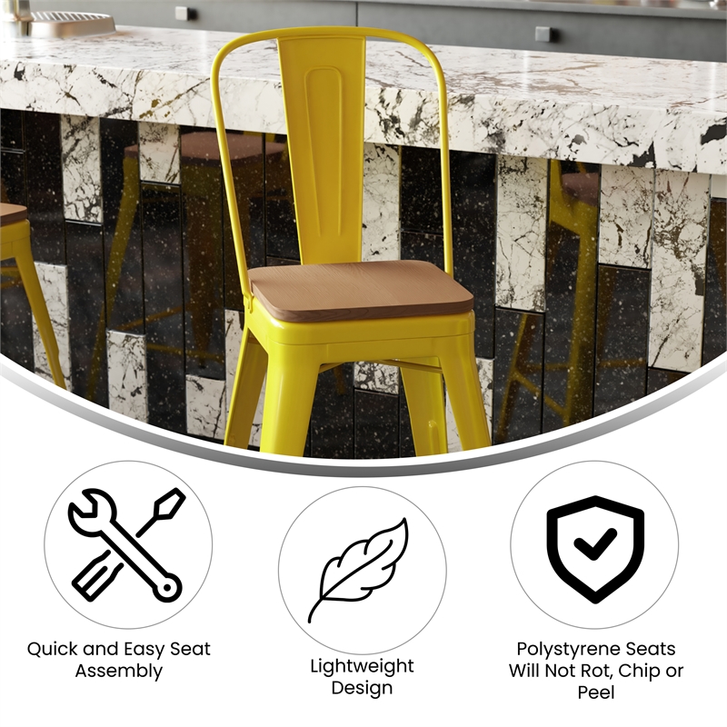 All-Weather Commercial Counter Stool with Removable Back/Poly Seat-Yellow/Teak