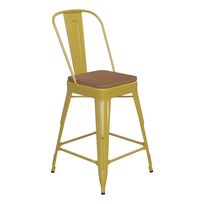 All-Weather Commercial Counter Stool with Removable Back/Poly Seat-Yellow/Teak