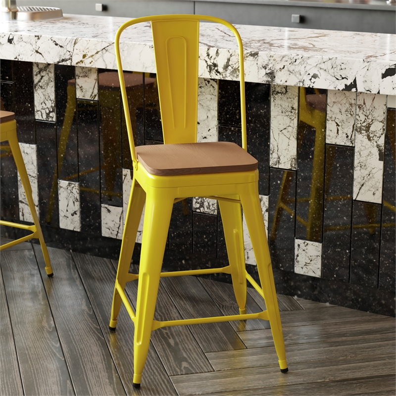 All-Weather Commercial Counter Stool with Removable Back/Poly Seat-Yellow/Teak