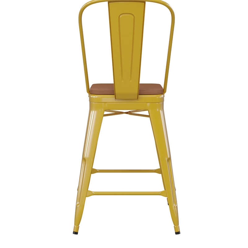 All-Weather Commercial Counter Stool with Removable Back/Poly Seat-Yellow/Teak
