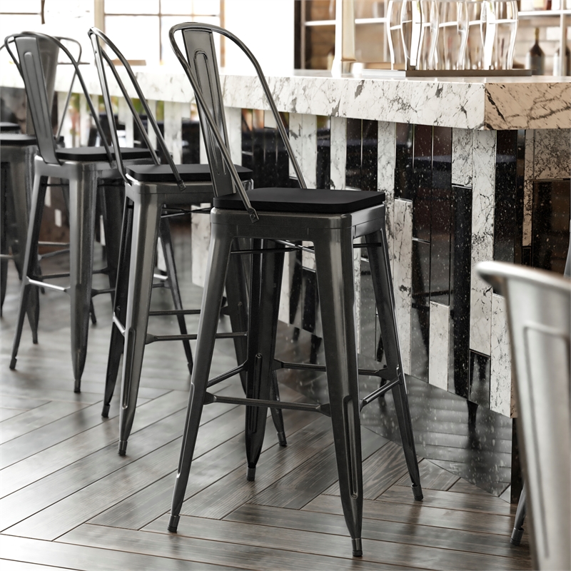 All-Weather Commercial Bar Stool with Removable Back/Poly Seat-Black/Black