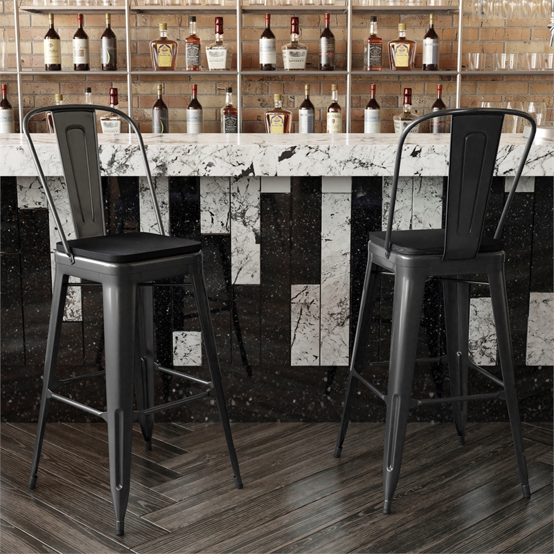 All-Weather Commercial Bar Stool with Removable Back/Poly Seat-Black/Black