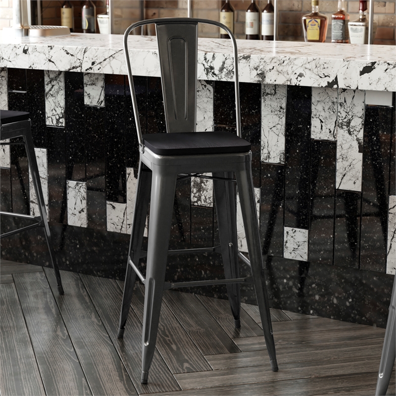 All-Weather Commercial Bar Stool with Removable Back/Poly Seat-Black/Black