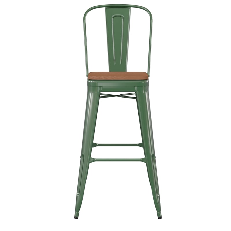 All-Weather Commercial Bar Stool with Removable Back/Poly Seat-Green/Teak