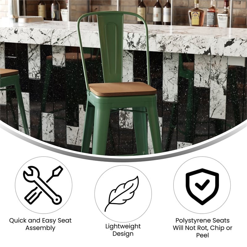 All-Weather Commercial Bar Stool with Removable Back/Poly Seat-Green/Teak
