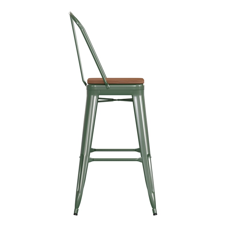 All-Weather Commercial Bar Stool with Removable Back/Poly Seat-Green/Teak