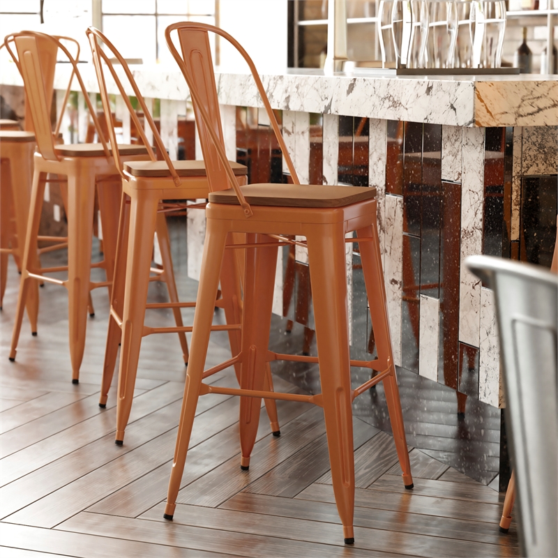 All-Weather Commercial Bar Stool with Removable Back/Poly Seat-Orange/Teak