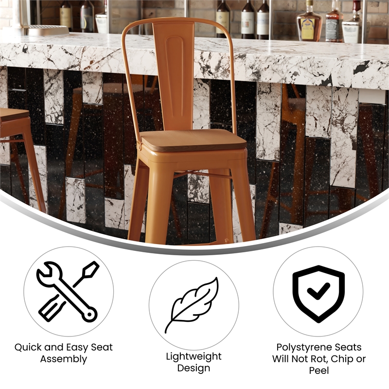 All-Weather Commercial Bar Stool with Removable Back/Poly Seat-Orange/Teak