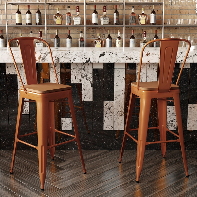 All-Weather Commercial Bar Stool with Removable Back/Poly Seat-Orange/Teak