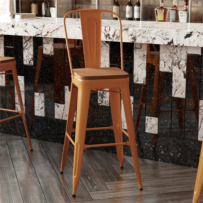 All-Weather Commercial Bar Stool with Removable Back/Poly Seat-Orange/Teak