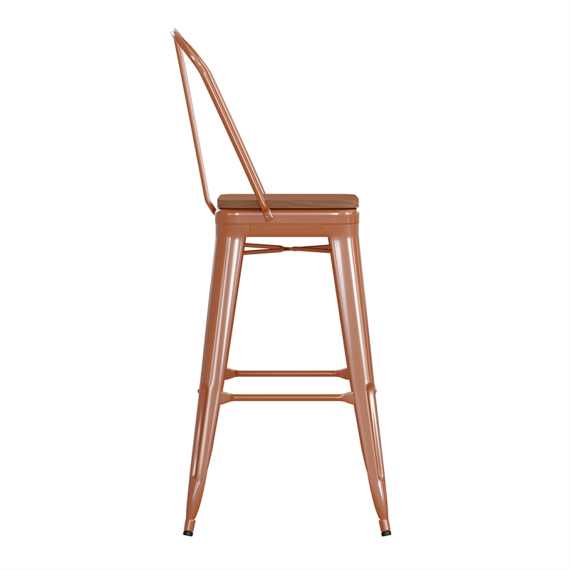 All-Weather Commercial Bar Stool with Removable Back/Poly Seat-Orange/Teak