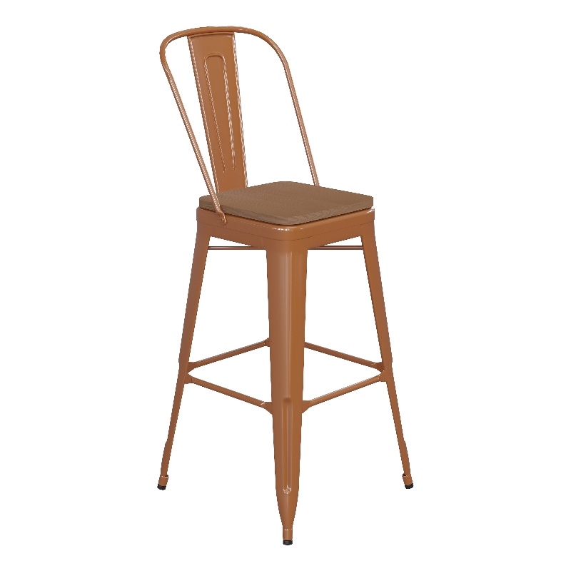 All-Weather Commercial Bar Stool with Removable Back/Poly Seat-Orange/Teak