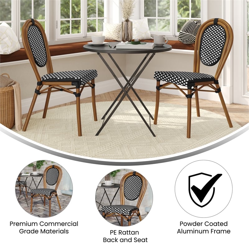 2 PK All-Weather Commercial Paris Chair with Natural Metal Frame-Black/White