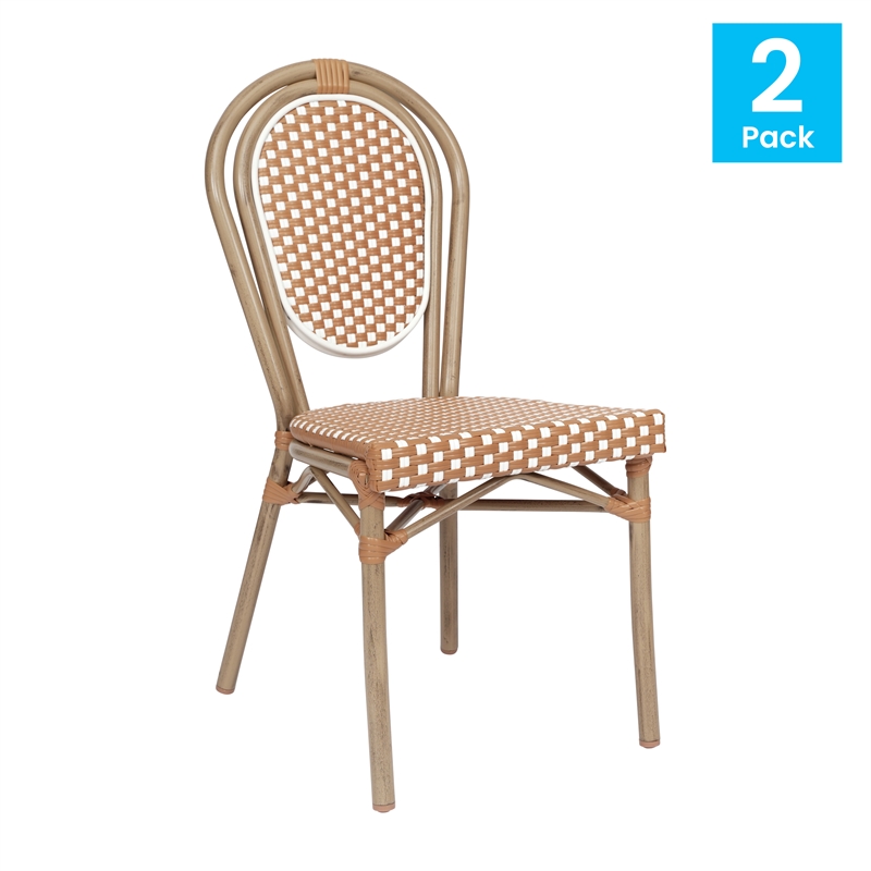 2 PK All-Weather Commercial Paris Chairs with Bamboo Print Metal Frame-Nat/White
