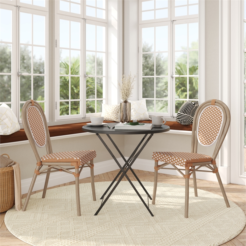 2 PK All-Weather Commercial Paris Chairs with Bamboo Print Metal Frame-Nat/White