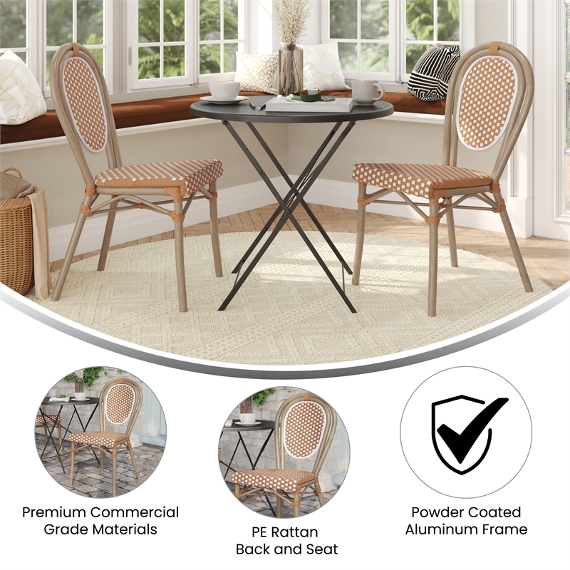2 PK All-Weather Commercial Paris Chairs with Bamboo Print Metal Frame-Nat/White