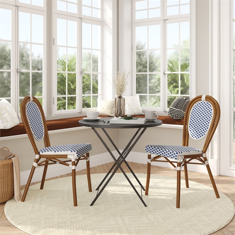 2 PK All-Weather Commercial Paris Chair with Bamboo Print Metal Frame-White/Navy