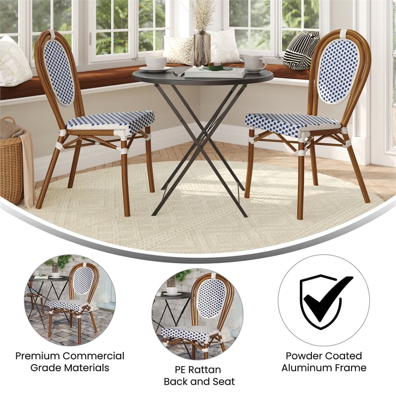 2 PK All-Weather Commercial Paris Chair with Bamboo Print Metal Frame-White/Navy