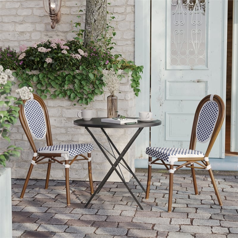 2 PK All-Weather Commercial Paris Chair with Bamboo Print Metal Frame-White/Navy