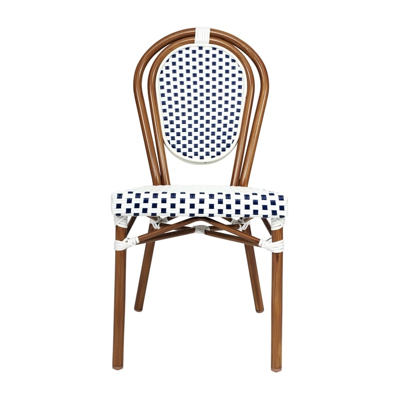 2 PK All-Weather Commercial Paris Chair with Bamboo Print Metal Frame-White/Navy
