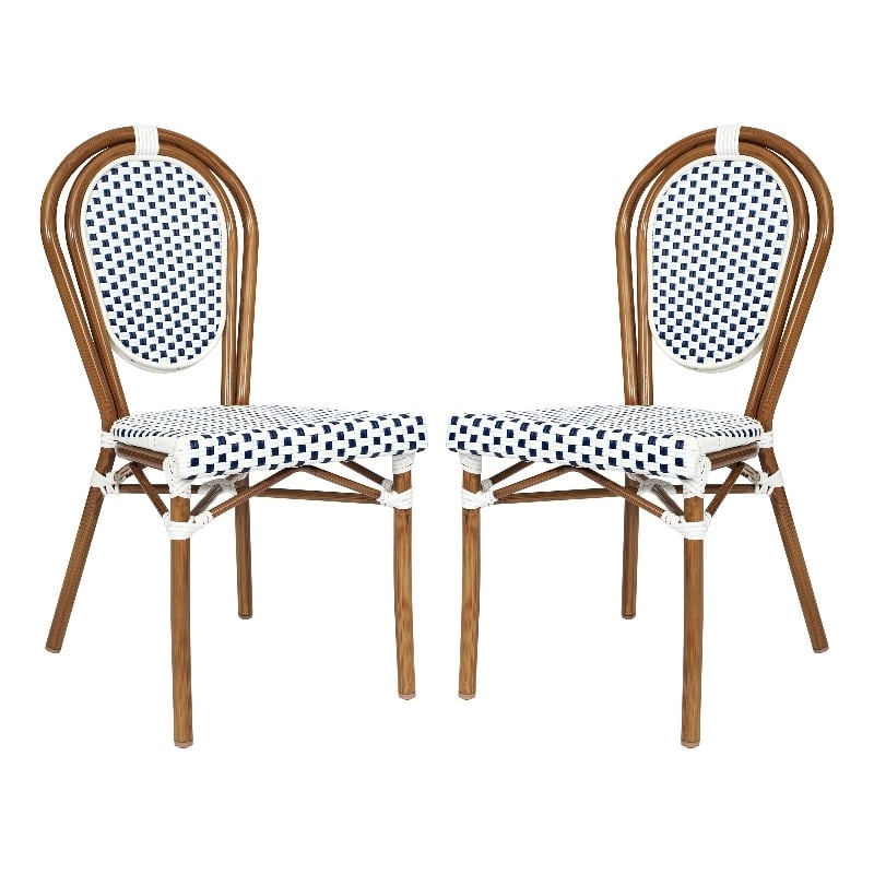 2 PK All-Weather Commercial Paris Chair with Bamboo Print Metal Frame-White/Navy