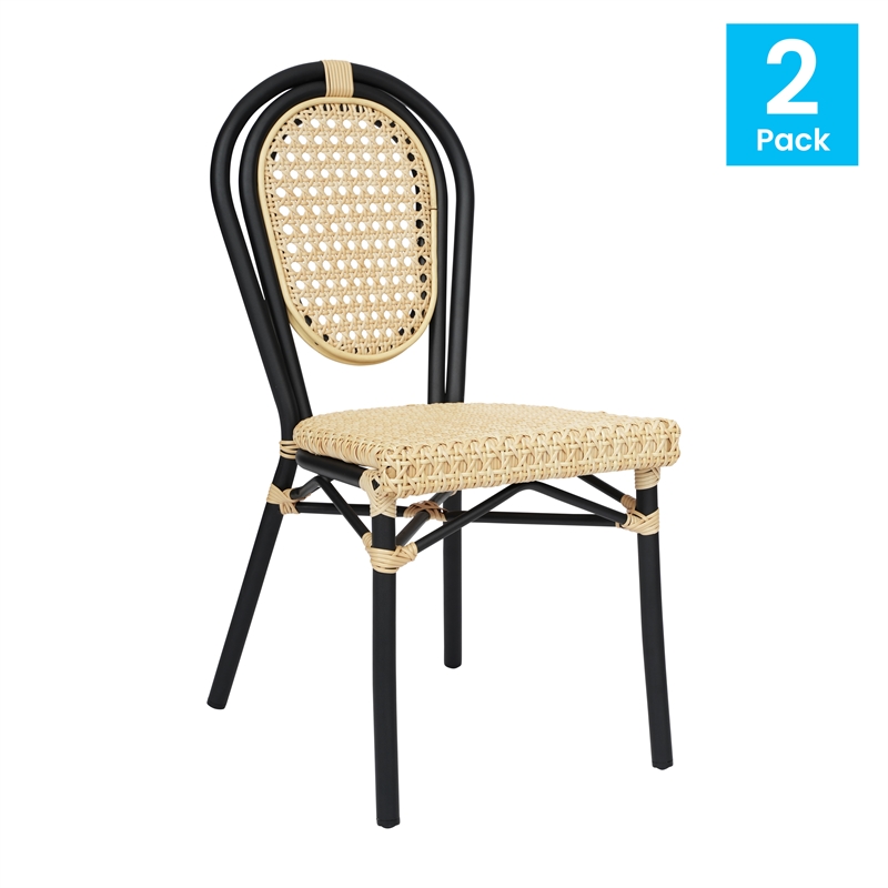 2 Pack All-Weather Commercial Paris Chairs with Black Metal Frames-Natural