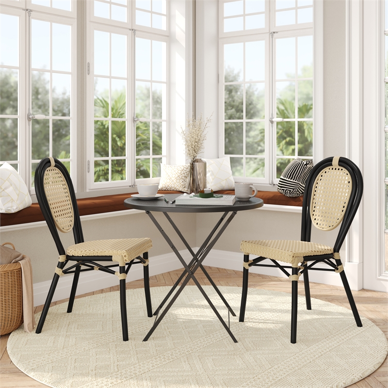 2 Pack All-Weather Commercial Paris Chairs with Black Metal Frames-Natural