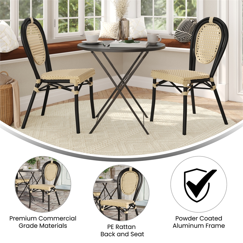 2 Pack All-Weather Commercial Paris Chairs with Black Metal Frames-Natural