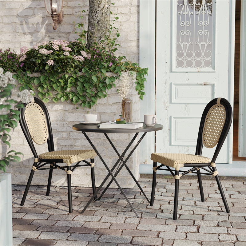2 Pack All-Weather Commercial Paris Chairs with Black Metal Frames-Natural