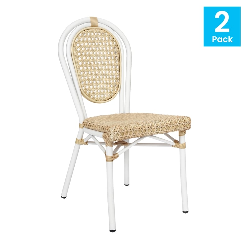 2 Pack All-Weather Commercial Paris Chairs with White Metal Frames-Natural
