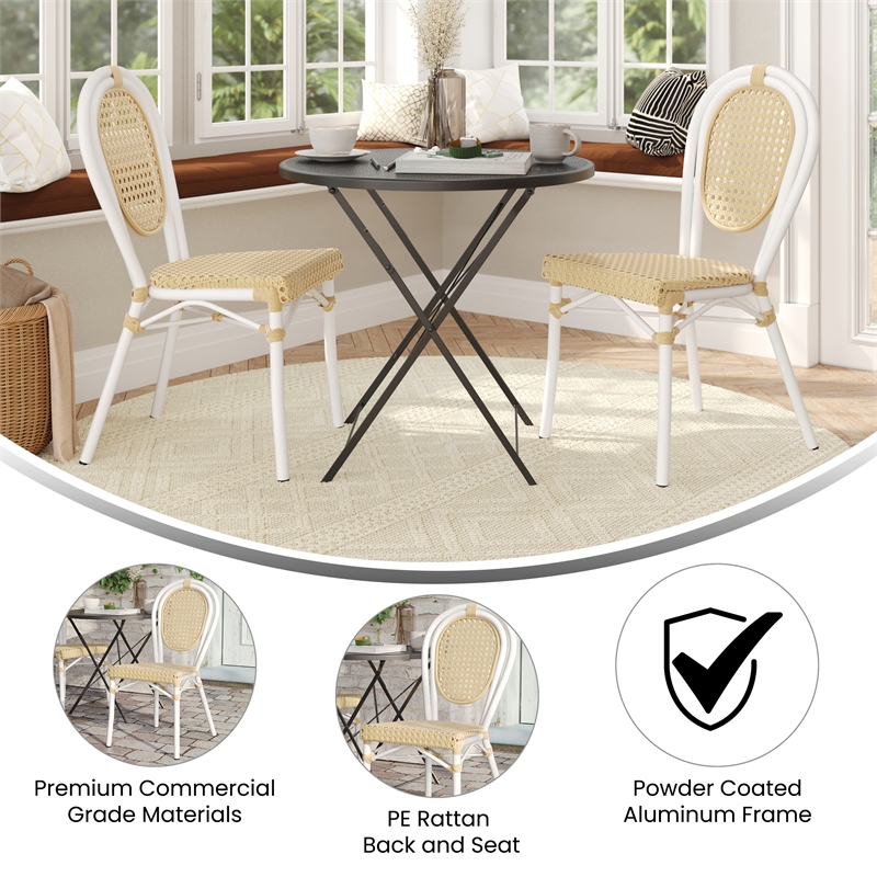 2 Pack All-Weather Commercial Paris Chairs with White Metal Frames-Natural