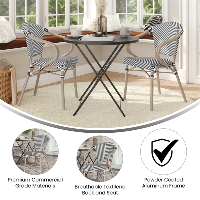 2 All-Weather Commercial Paris Chairs with Arms and LT NAT Metal Frame-Blk/Wht