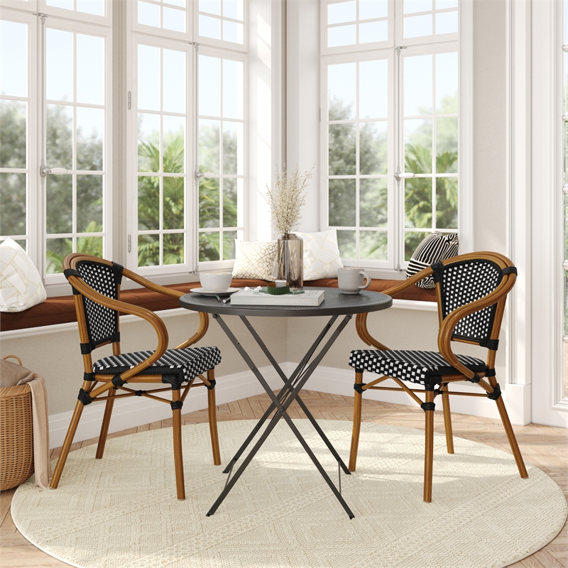 2 PK All-Weather Commercial Paris Chairs with Bamboo Print Metal Frames-Blk/Wht