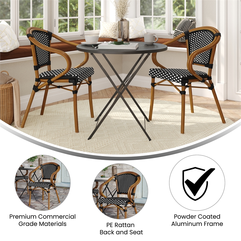 2 PK All-Weather Commercial Paris Chairs with Bamboo Print Metal Frames-Blk/Wht